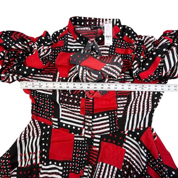 NY&C Peplum Waist Blouse Size XL Red Black Geometric Neck Bow Balloon Sleeve NEW - Picture 10 of 12